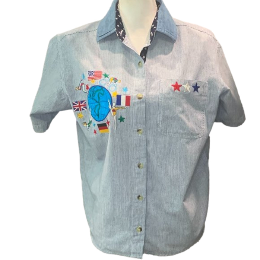Vintage Casey & Max Embroidered Blue Striped Button Up Camp Shirt